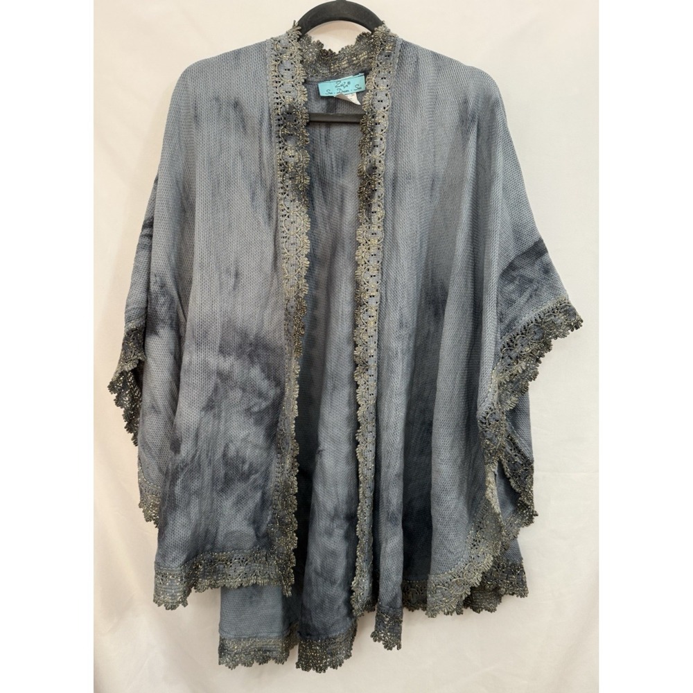 Blue Tie Dye Cotton Poncho Shawl Wrap Gold Crochet Trim‎ Made in Greece One size